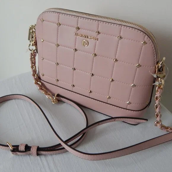 NWT Michael Kors Jet Set Charm LG Dome Crossbody Studs Quilted Leather Bag Rose